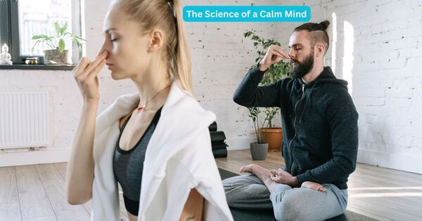 Two people practicing controlled, mindful breathing exercises to demonstrate box breathing and stress reduction.