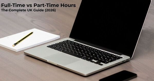A laptop and notebook setup illustrating the legal distinction between full-time vs part-time hours in the UK.