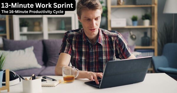 A person working at a desk utilizing a 13 minute work sprint within a structured 16-minute cycle.