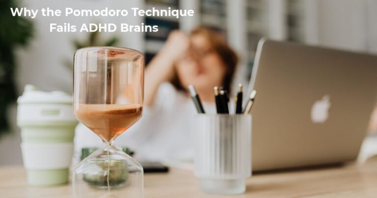 Hourglass on a desk, illustrating the Pomodoro technique for ADHD and why the standard 25-minute timer can fail