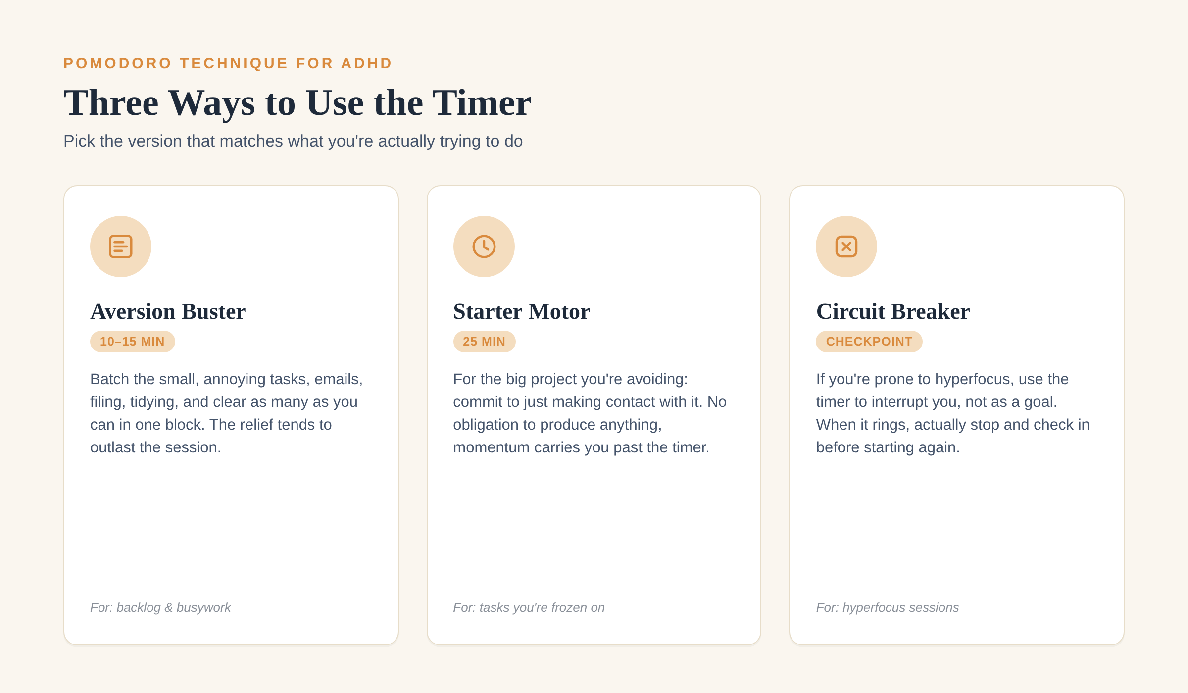 Three ways to use the Pomodoro timer for ADHD: aversion buster, starter motor, and circuit breaker